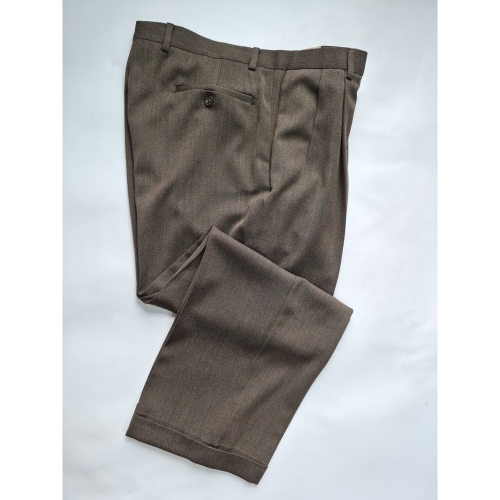 Joseph Abboud Mens 37x28 Pleated Wool Dress Pants Brown USA